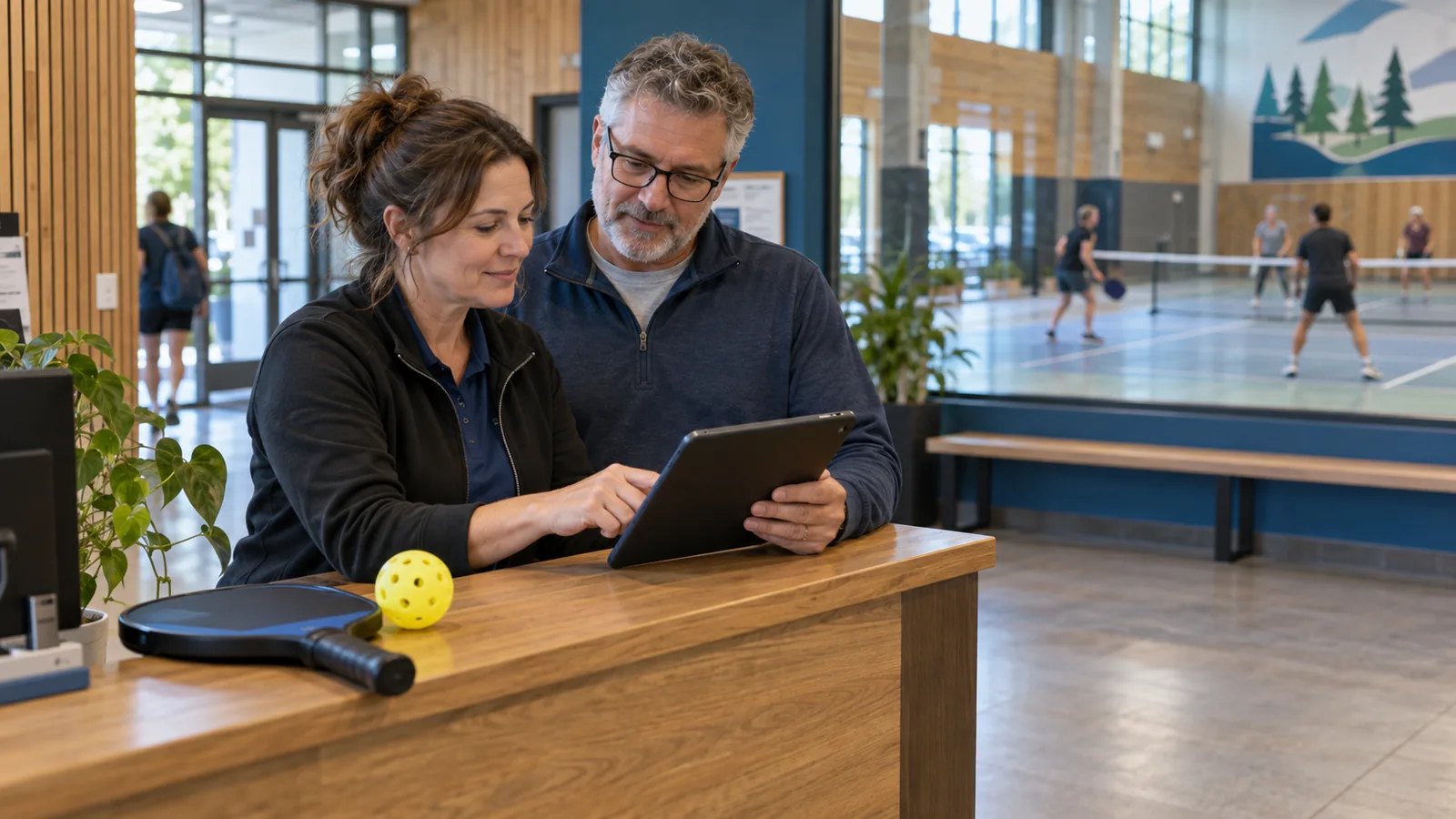 Deux responsables consultent une tablette à l’accueil d’un centre municipal, devant un gymnase de pickleball.