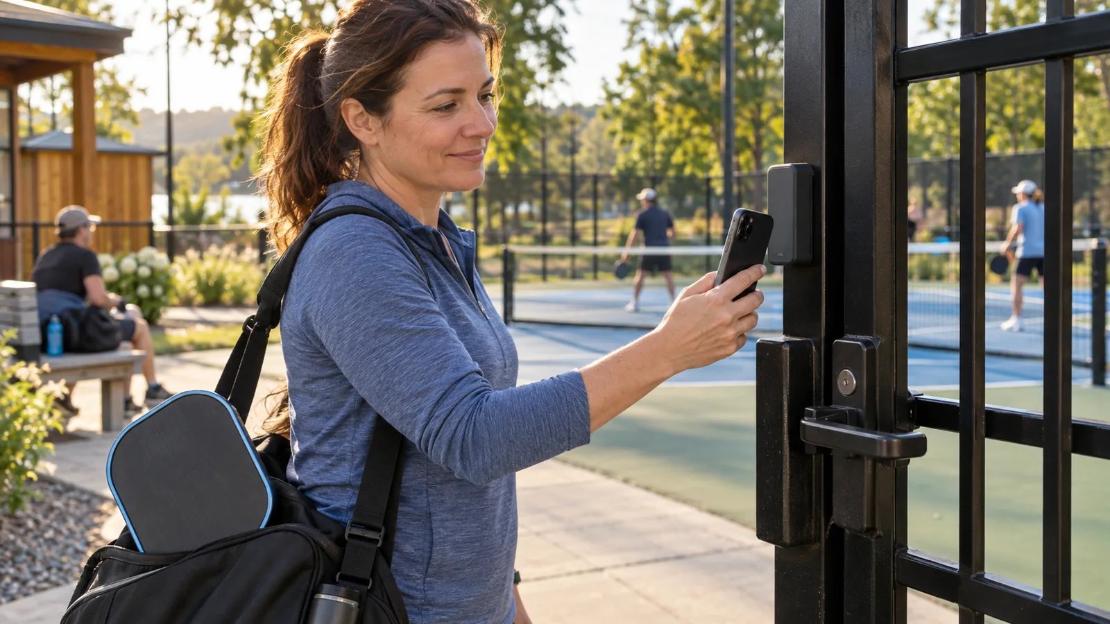 Un joueur présente son téléphone à un lecteur installé près du portail d’un terrain municipal de pickleball.
