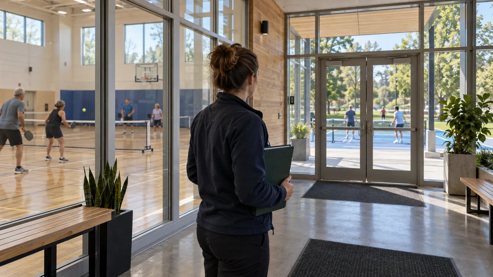 Une responsable des loisirs observe un gymnase et des terrains extérieurs de pickleball depuis un hall vitré.