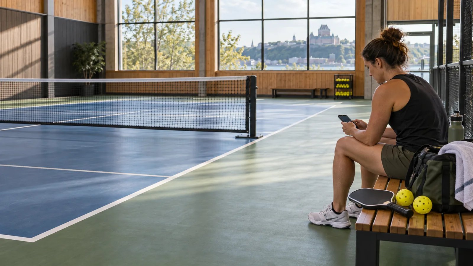 Un joueur consulte son téléphone près d’un terrain de pickleball vide et prêt à jouer.