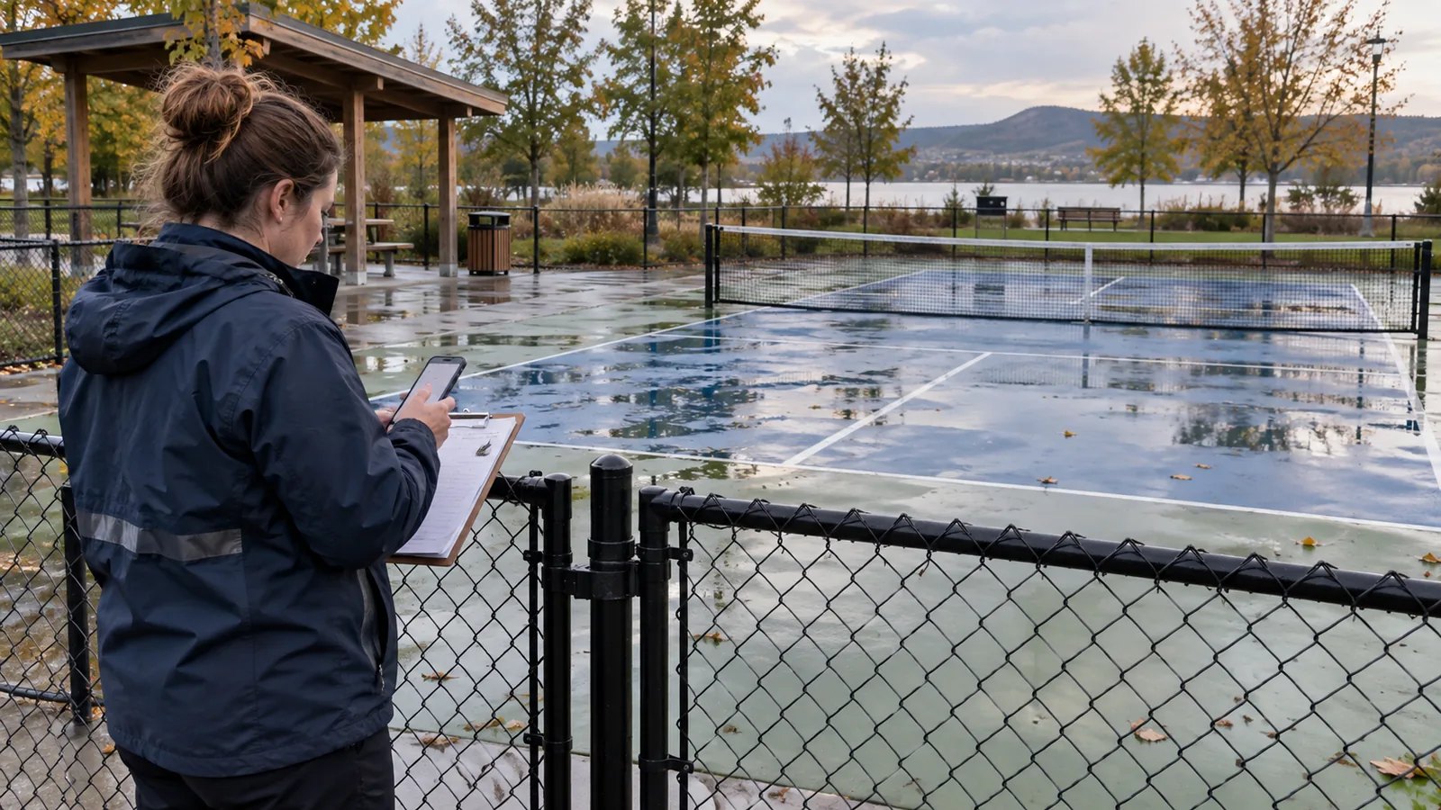 Un employé municipal consulte son téléphone devant un portail fermé et un terrain de pickleball mouillé par la pluie.