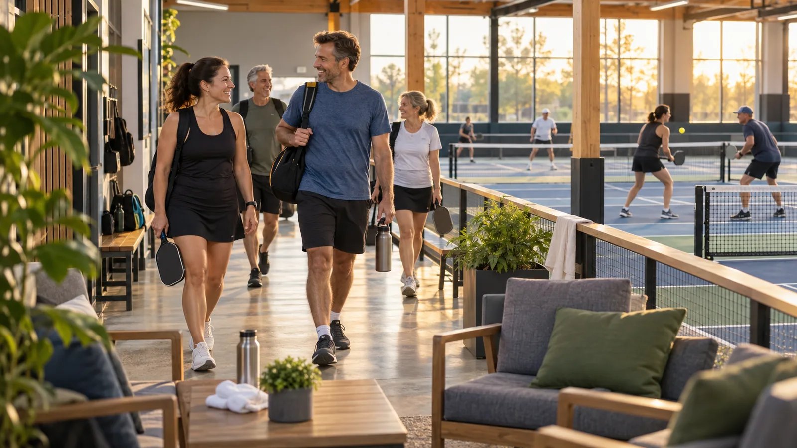 Des joueurs arrivent dans un centre de pickleball en fin d’après-midi, près des terrains et d’un espace de repos.