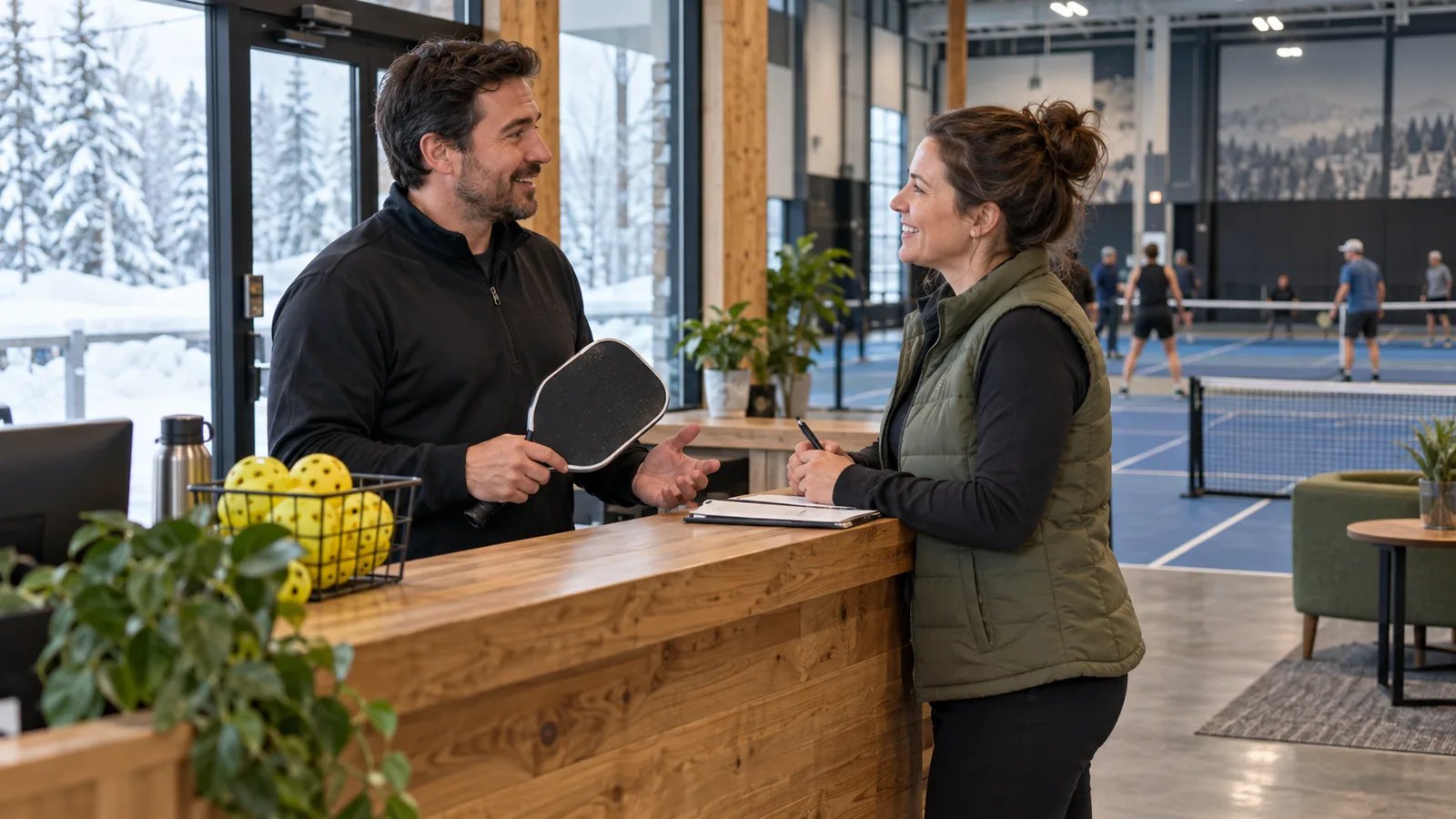 Deux responsables échangent à l’accueil d’un centre de pickleball avec un paysage enneigé derrière la fenêtre.