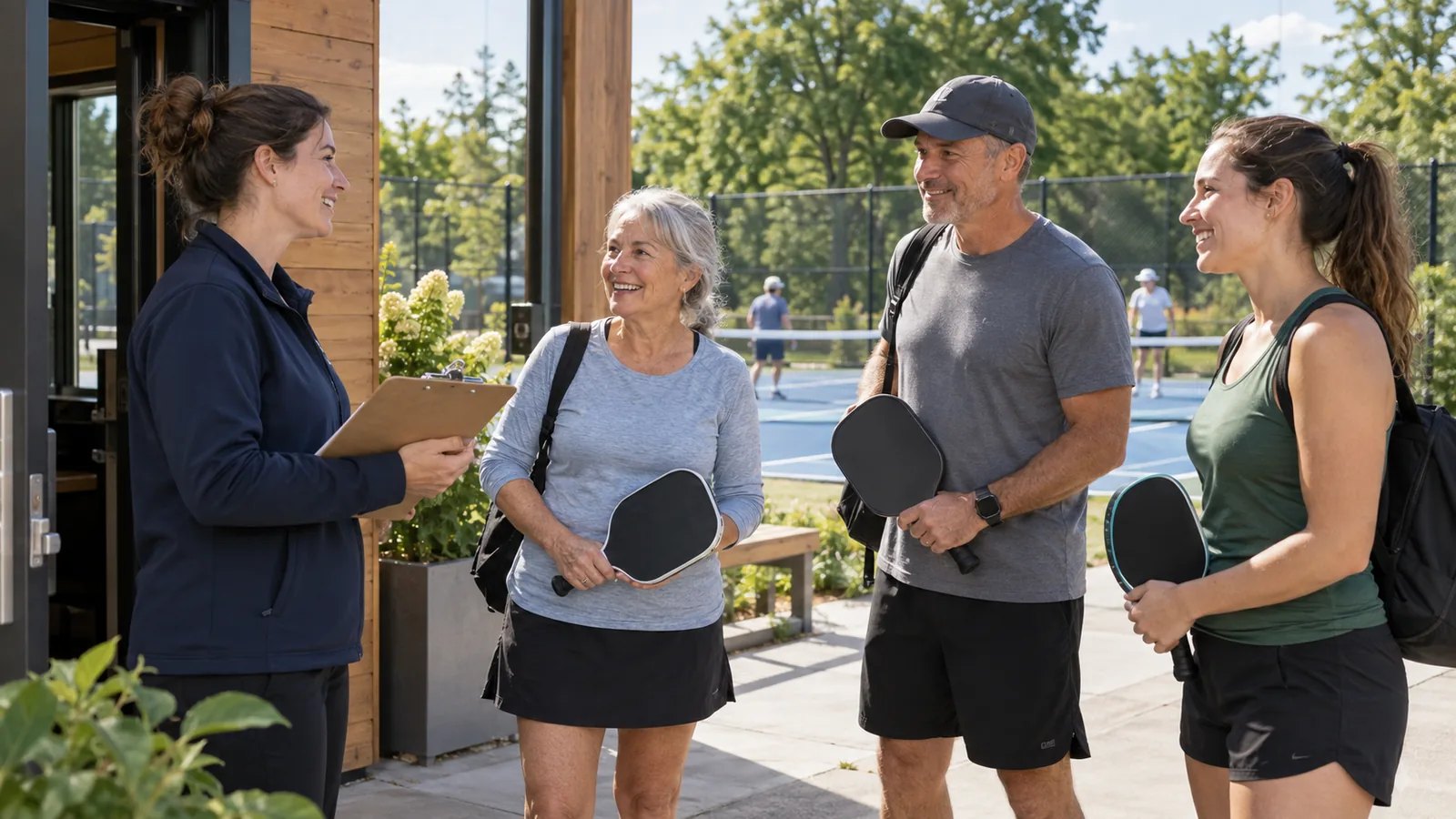 Une coordonnatrice accueille trois adultes avec leurs raquettes près d’un terrain municipal de pickleball.